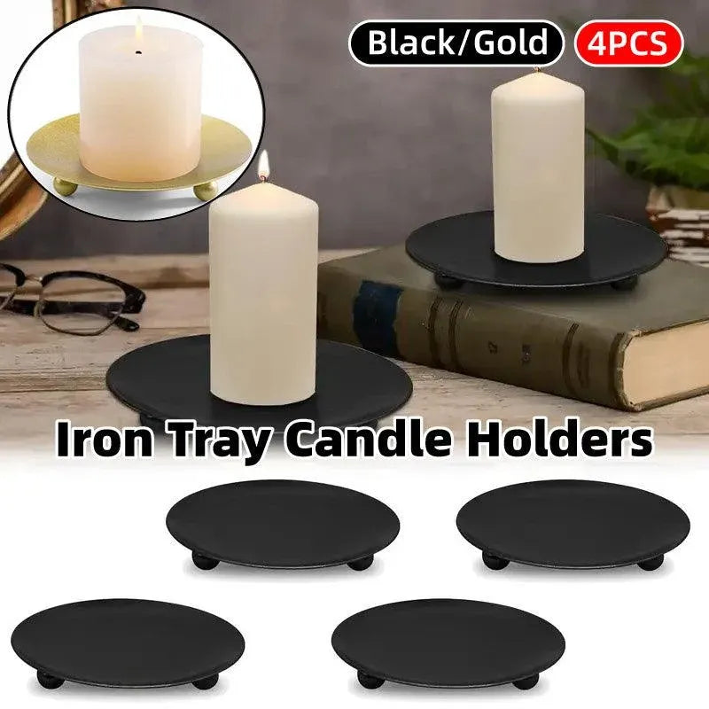 Round Iron Tray Candle Holders, Black, Set of 4, 11 cm
