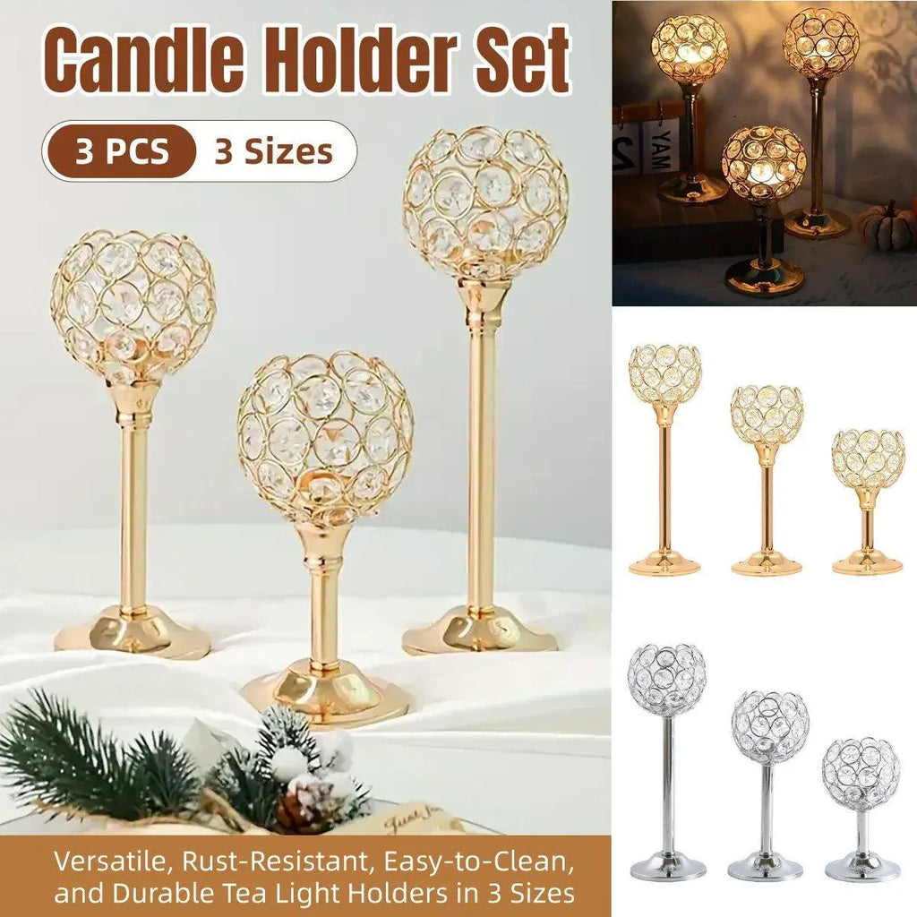 3PCS Crystal Candle Holders Metal Candlelight Wedding Home Dinner