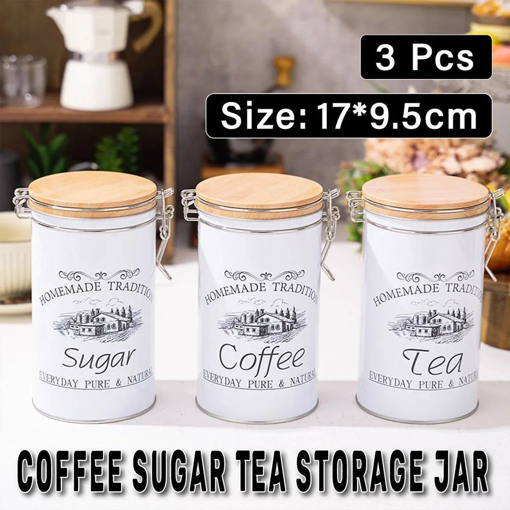 White Tinplate Coffee, Tea and Sugar Canisters, Set of 3