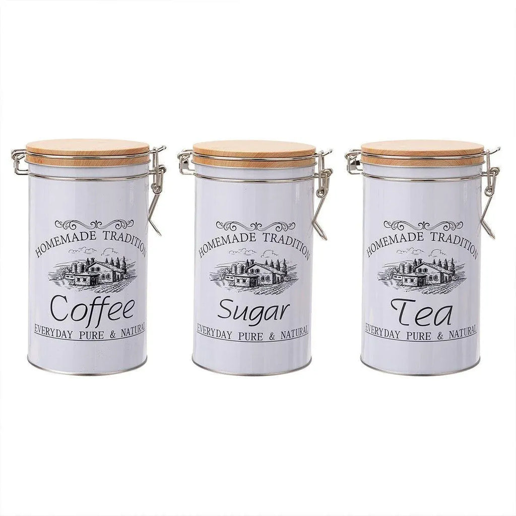 White Tinplate Coffee, Tea and Sugar Canisters, Set of 3