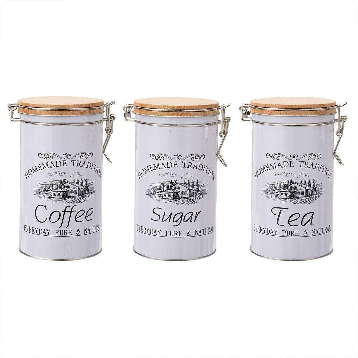 White Tinplate Coffee, Tea and Sugar Canisters, Set of 3