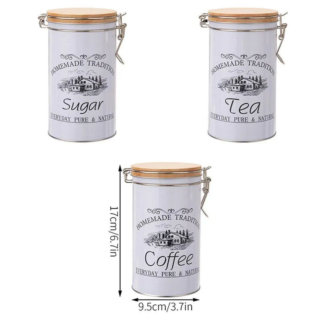 White Tinplate Coffee, Tea and Sugar Canisters, Set of 3