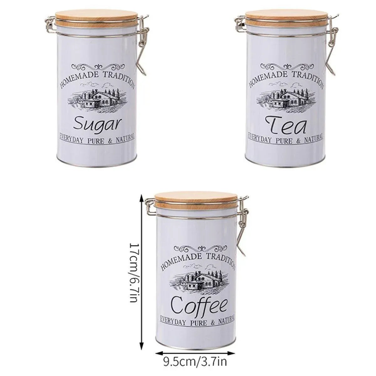 White Tinplate Coffee, Tea and Sugar Canisters, Set of 3