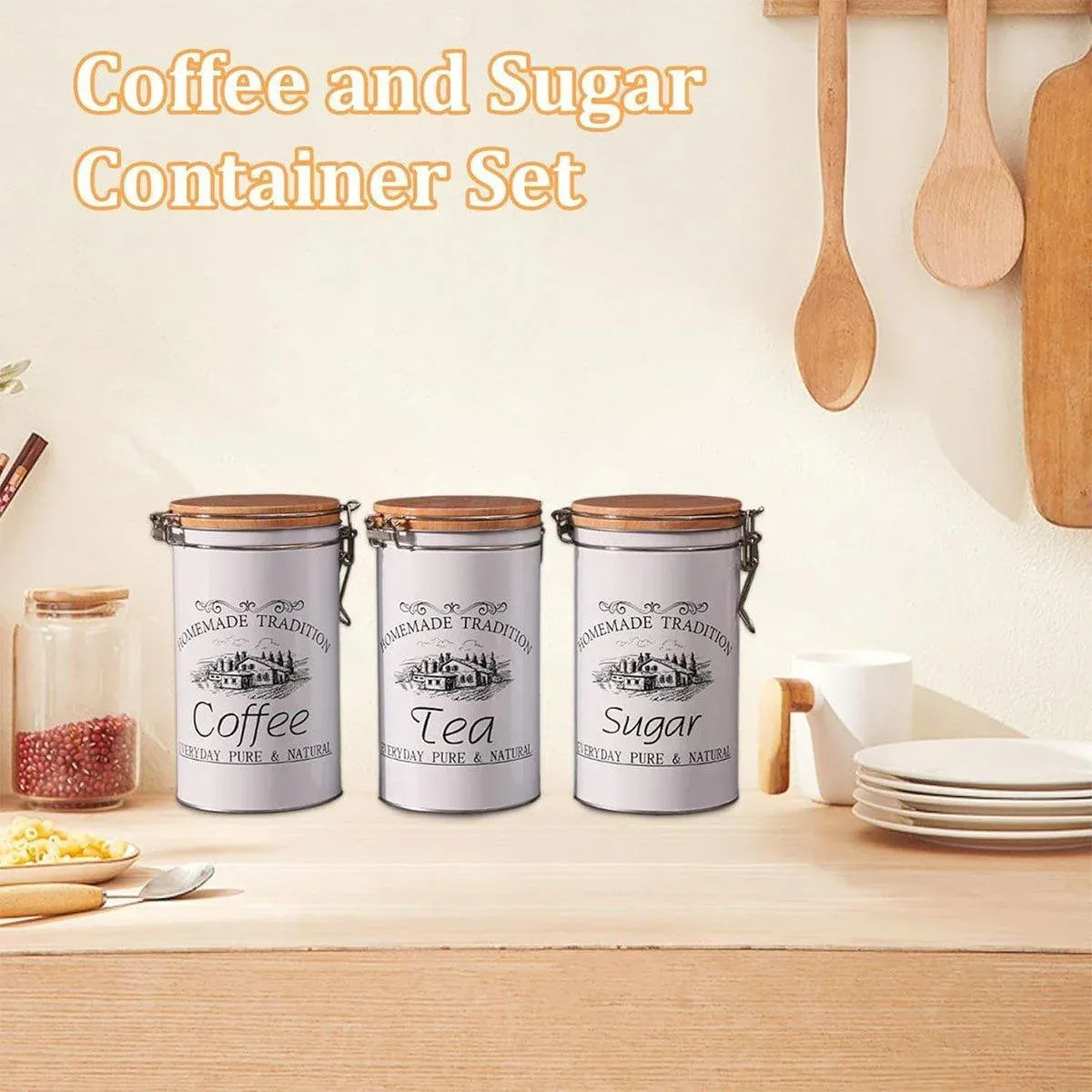 White Tinplate Coffee, Tea and Sugar Canisters, Set of 3