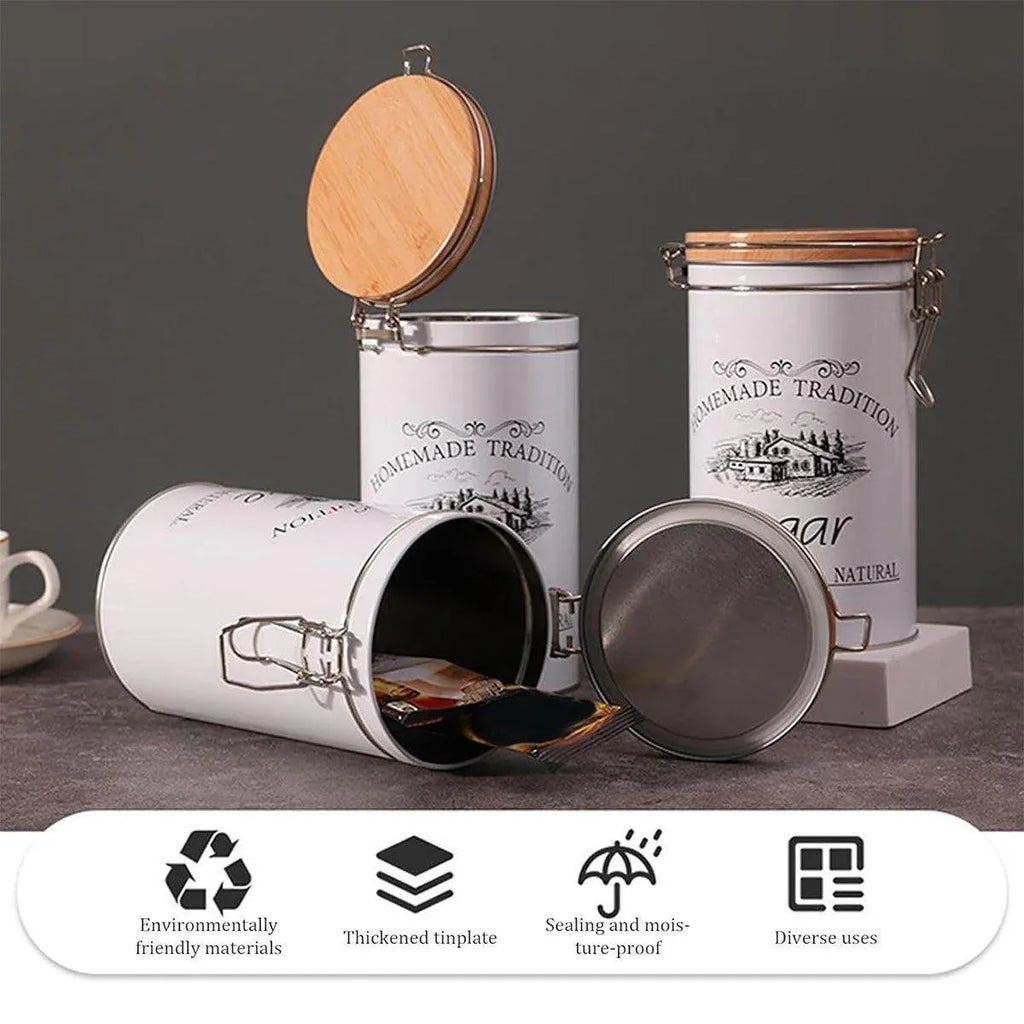 White Tinplate Coffee, Tea and Sugar Canisters, Set of 3