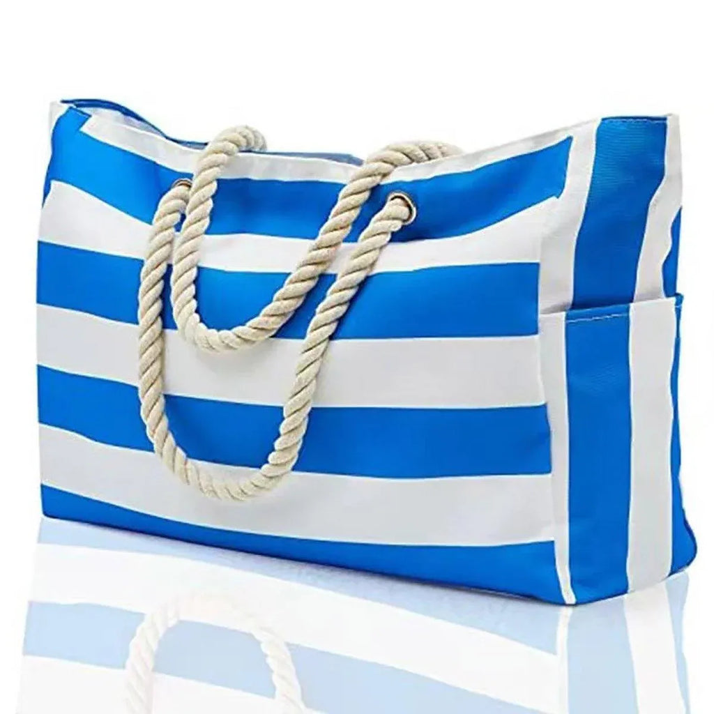 Bohemian Striped Canvas Beach Tote, Zip Closure, on a white background