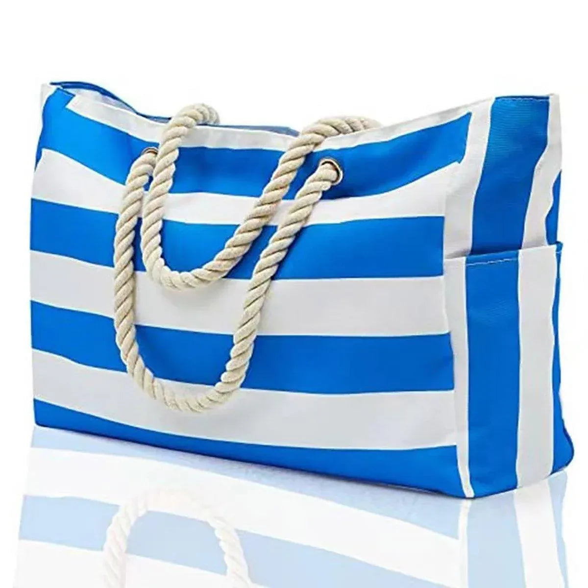 Bohemian Striped Canvas Beach Tote, Zip Closure, on a white background