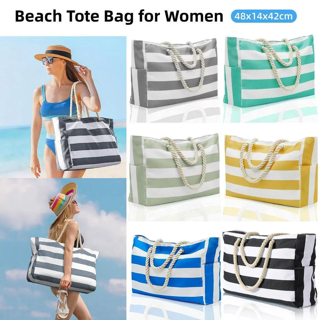 Bohemian Striped Canvas Beach Tote, Zip Closure, showing the options available