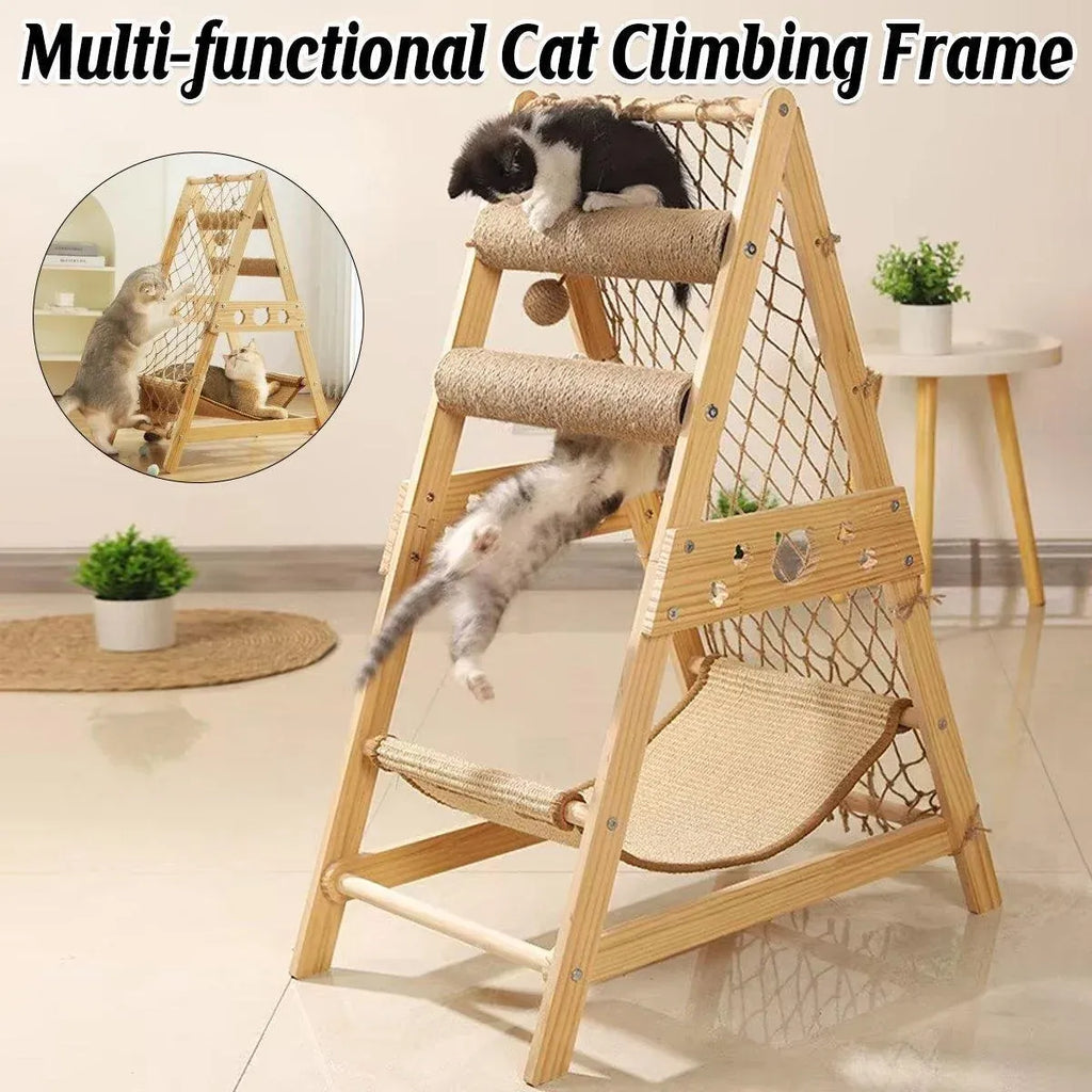 Cat Climbing Frame Wooden Cat Rack Multi Cat Play and Sleep Net