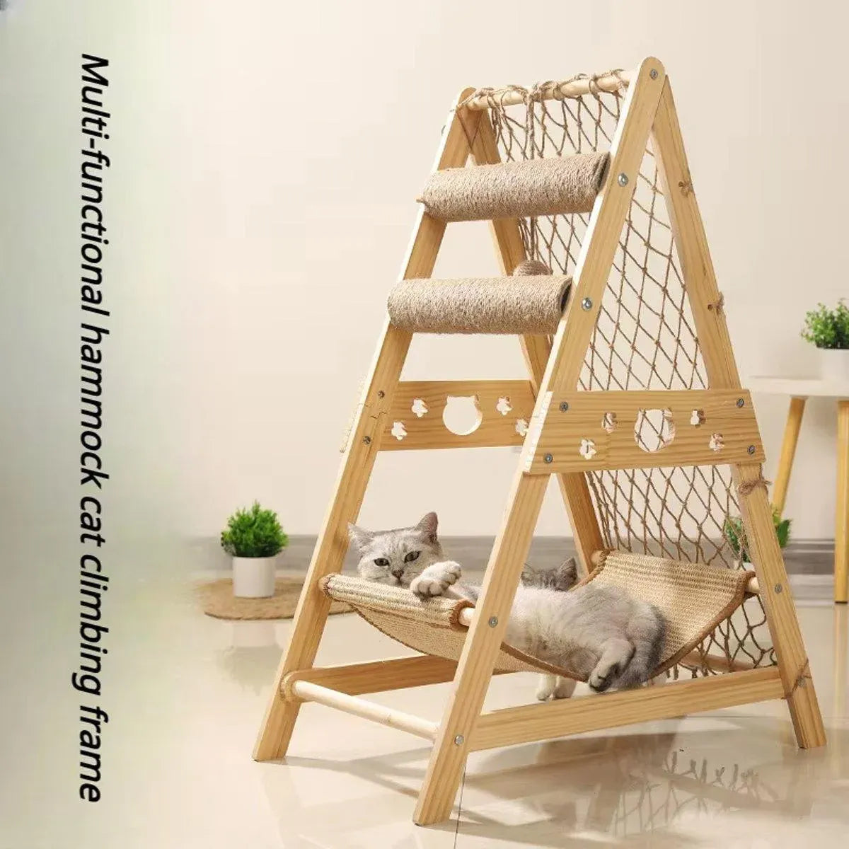 Cat Climbing Frame Wooden Cat Rack Multi Cat Play and Sleep Net