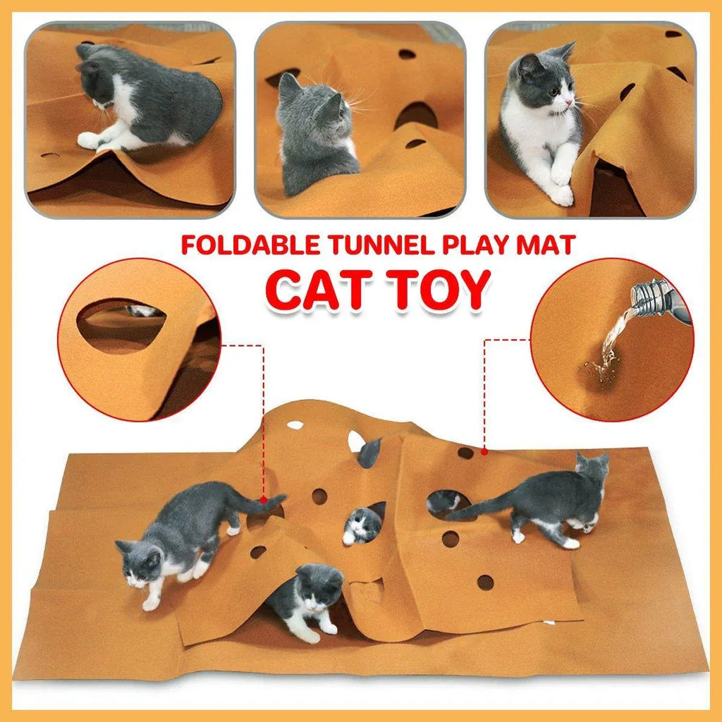 Aimall Cat Scratch Mat with Tunnel, 120 x 90 cm, Brown, showing what is included