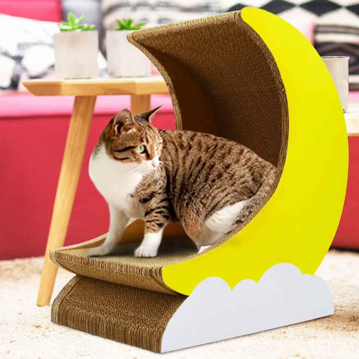 1-Piece Moon-Shaped Corrugated Cardboard Cat Scratcher