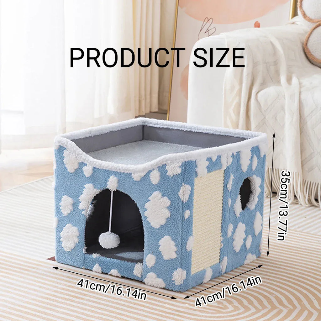 Foldable Two Tier Cat Bed with Scratching Panel, 41 cm, Blue, with its measurements marked