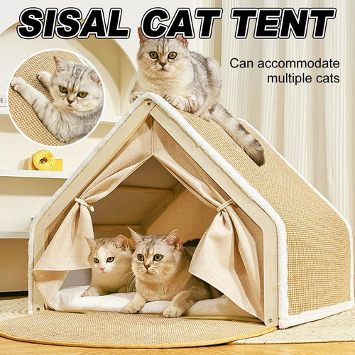 Cat Tent House Semi Enclosed Nest Cat Bed Scratch Board Indoor Kitten