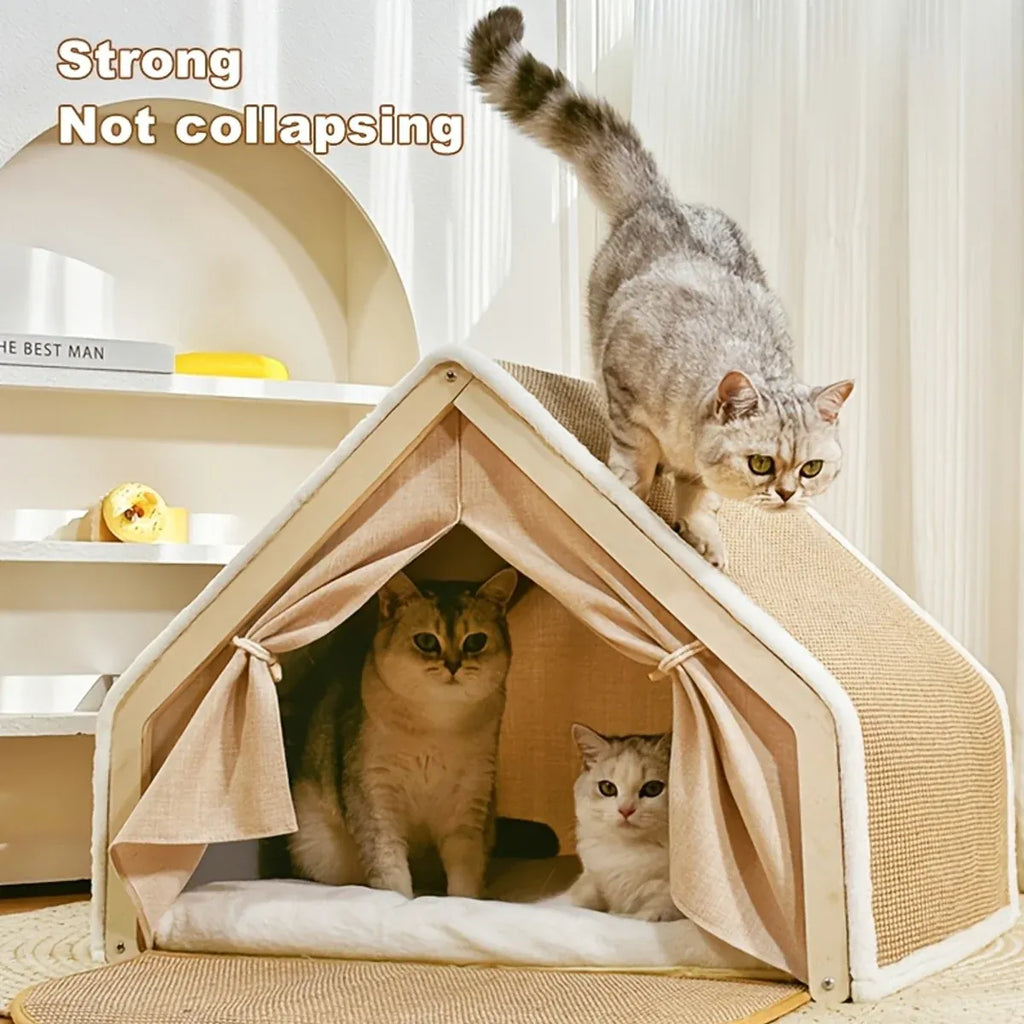 Cat Tent House Semi Enclosed Nest Cat Bed Scratch Board Indoor Kitten