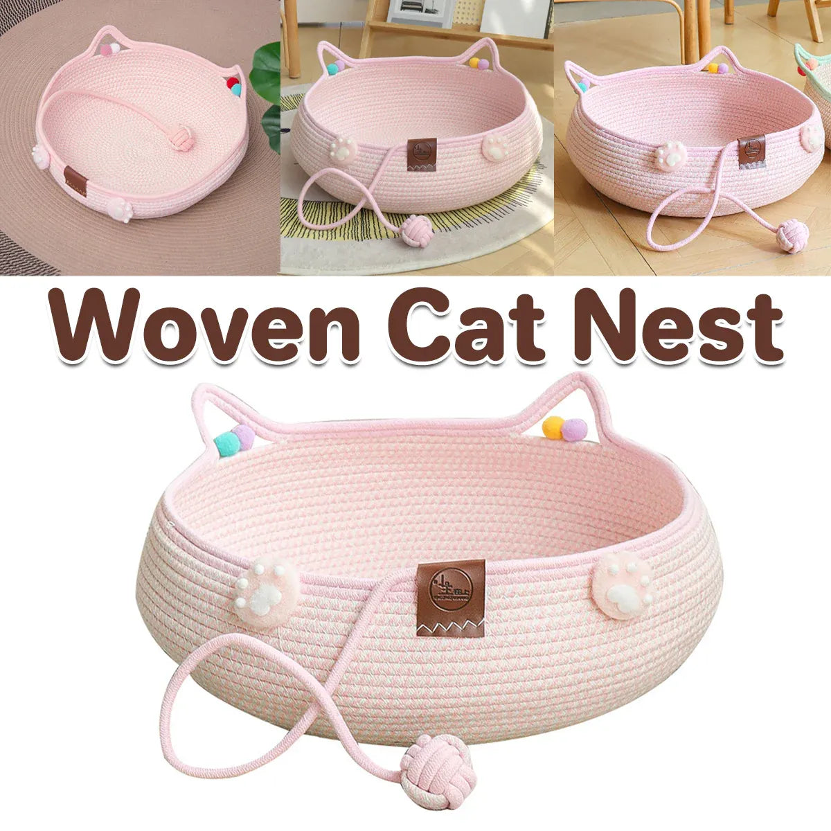 Woven Rattan Cat Bed Nest with Scratching Surface Washable Durable