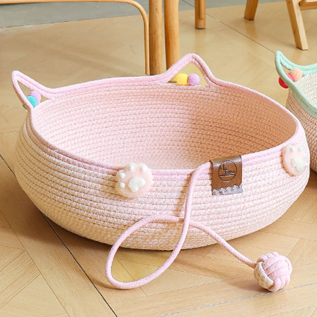 Woven Rattan Cat Bed Nest with Scratching Surface Washable Durable