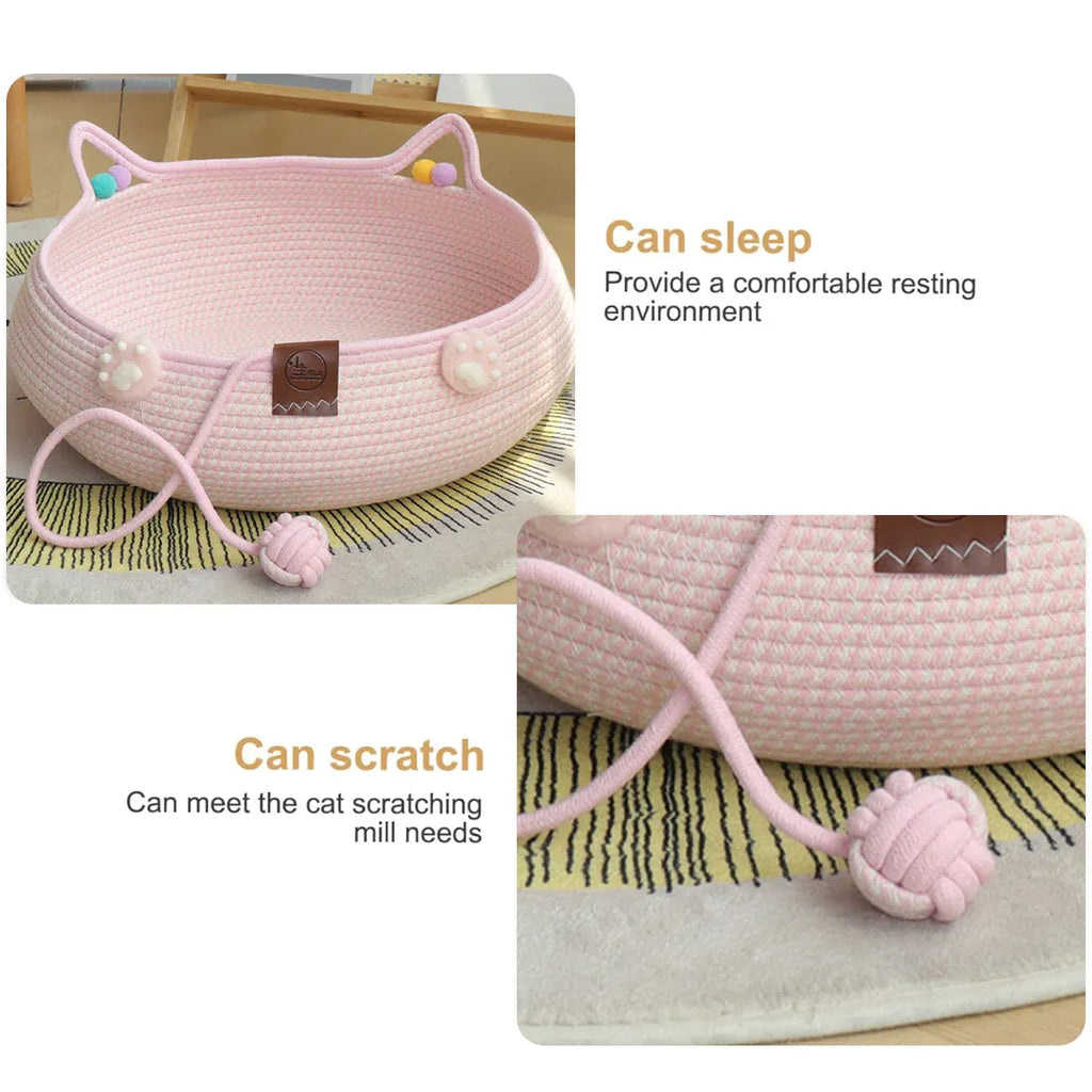 Woven Rattan Cat Bed Nest with Scratching Surface Washable Durable