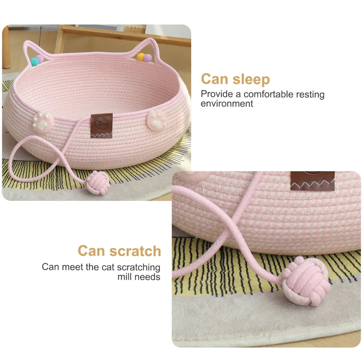 Woven Rattan Cat Bed Nest with Scratching Surface Washable Durable