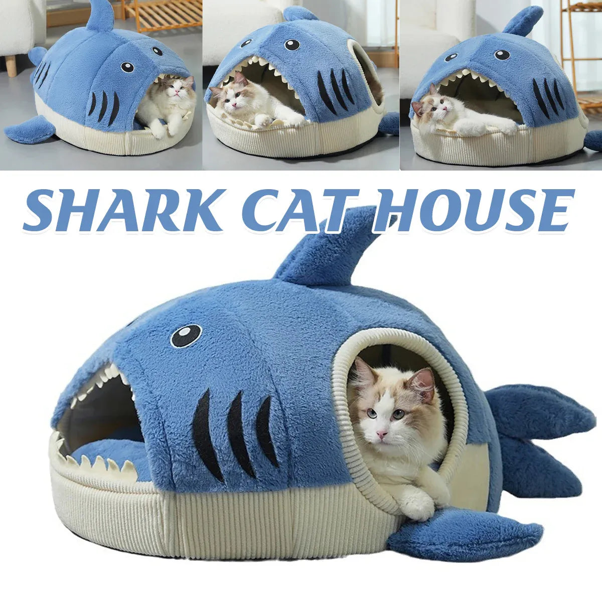 Pet Bed Shark Shape Soft Warm Cave Nest Cat Dog Indoor Winter