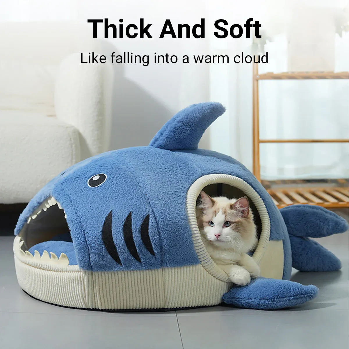 Pet Bed Shark Shape Soft Warm Cave Nest Cat Dog Indoor Winter