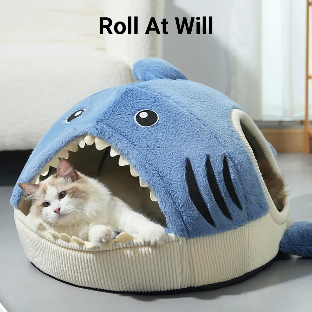 Pet Bed Shark Shape Soft Warm Cave Nest Cat Dog Indoor Winter