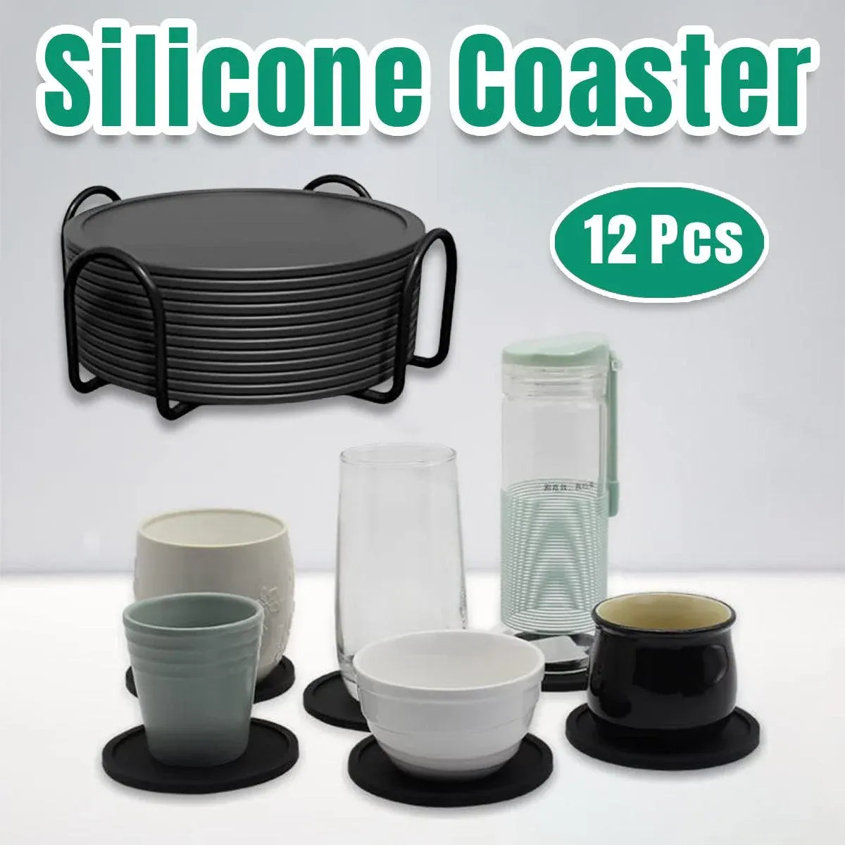 Silicone Round Coasters with Metal Holder, 12 Pack