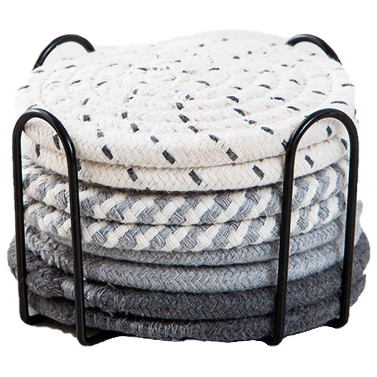 Round Cotton Woven Coasters with Storage Rack, Set of 8, Grey