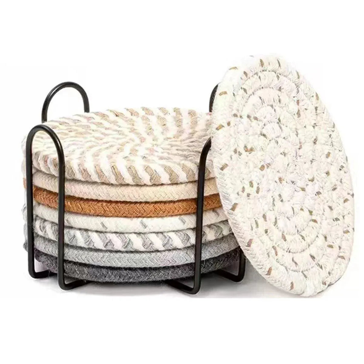 Round Cotton Woven Coasters with Storage Rack, Set of 8