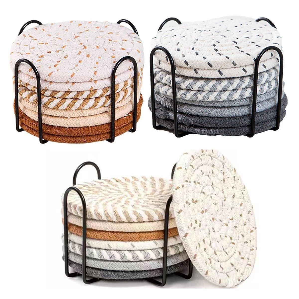 Round Cotton Woven Coasters with Storage Rack, Set of 8