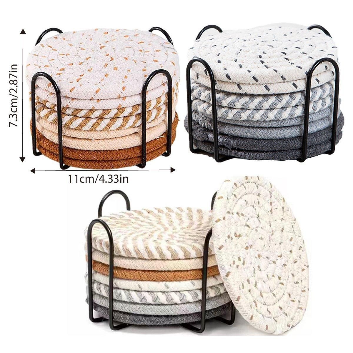 Round Cotton Woven Coasters with Storage Rack, Set of 8