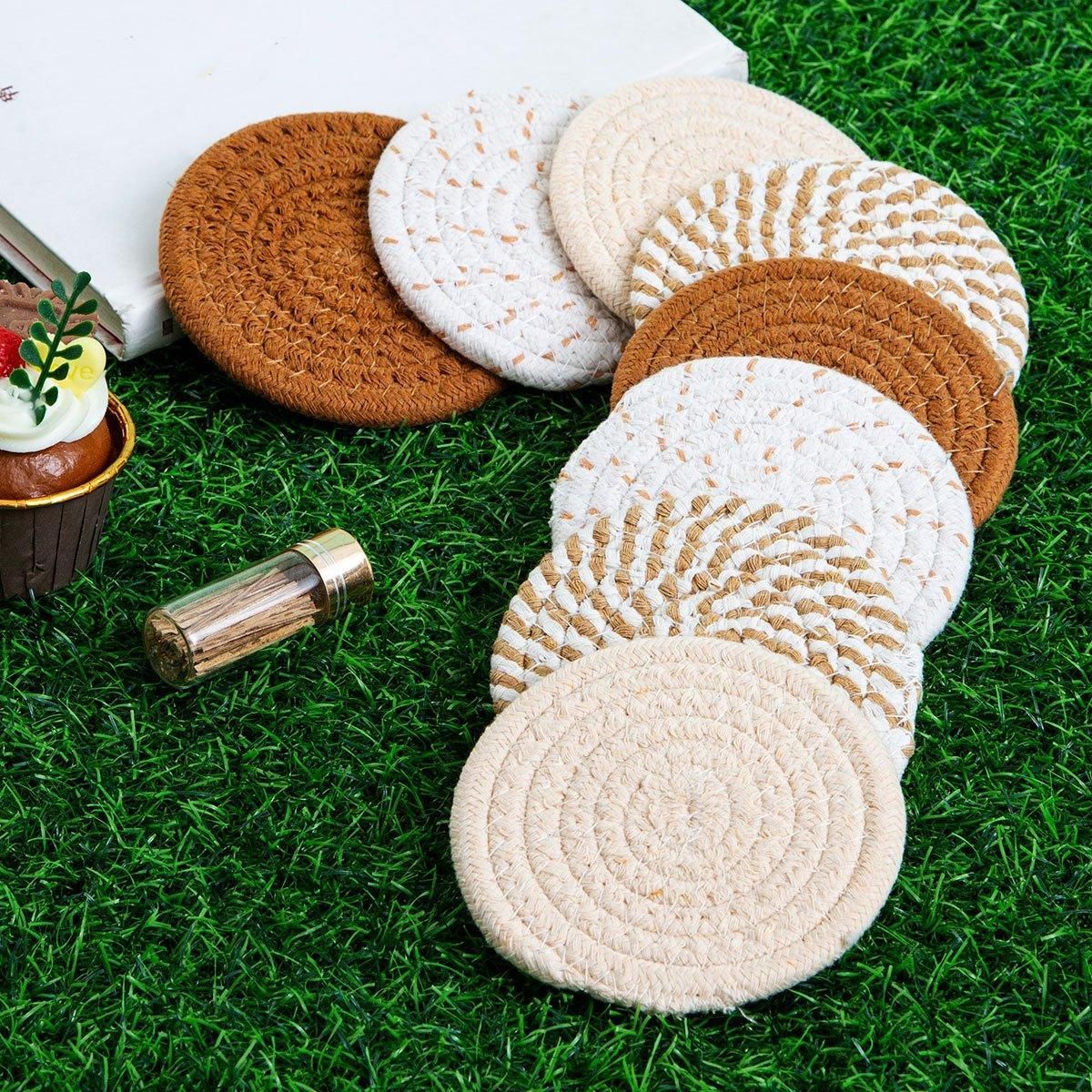Round Cotton Woven Coasters with Storage Rack, Set of 8