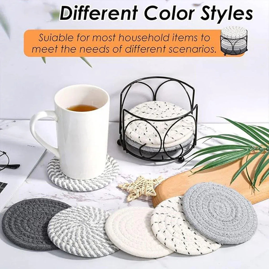Round Cotton Woven Coasters with Storage Rack, Set of 8