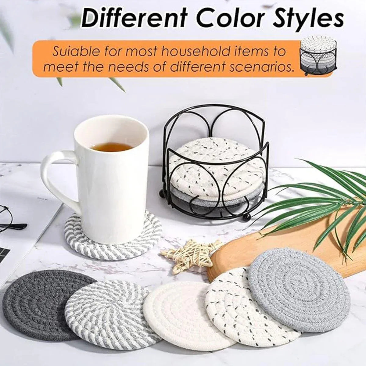 Round Cotton Woven Coasters with Storage Rack, Set of 8