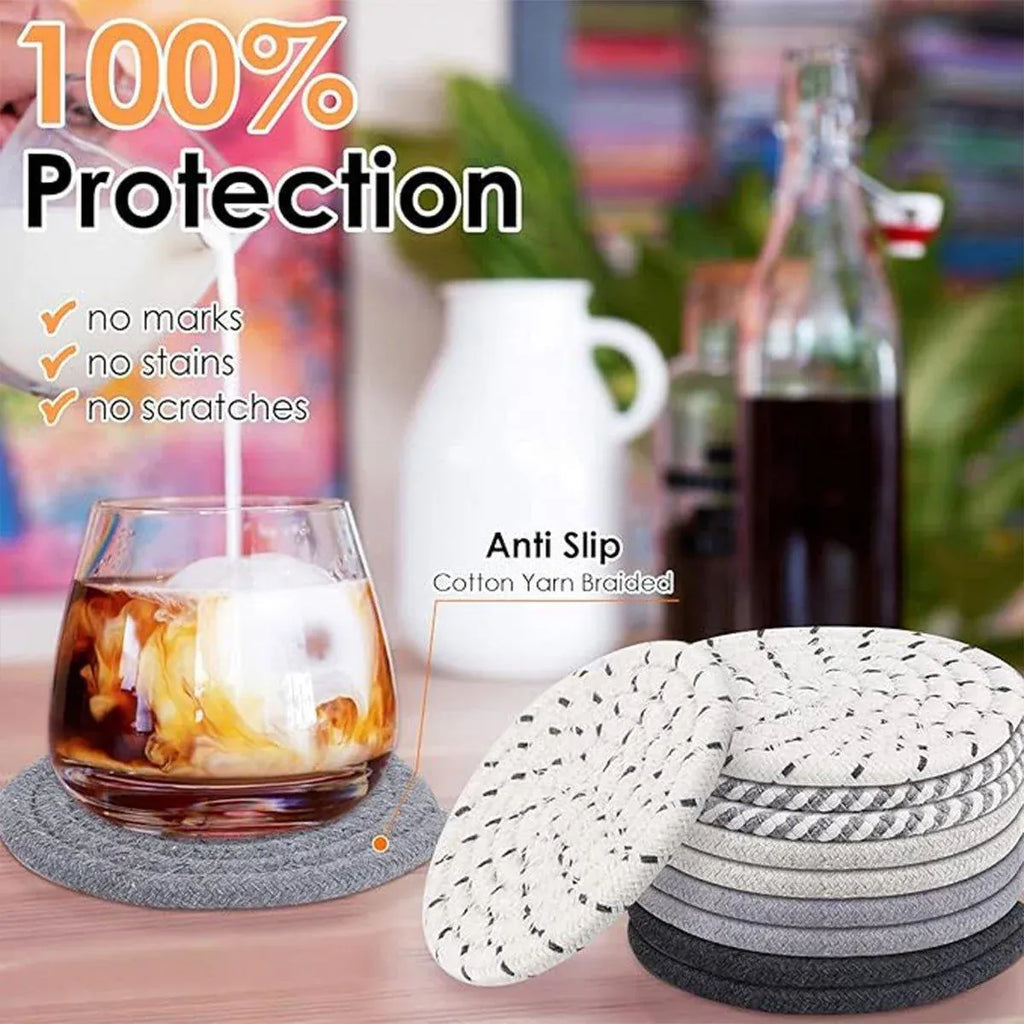 Round Cotton Woven Coasters with Storage Rack, Set of 8