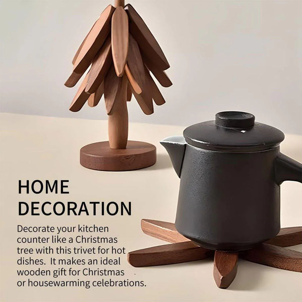 Walnut Christmas Tree Trivet with Detachable Coasters
