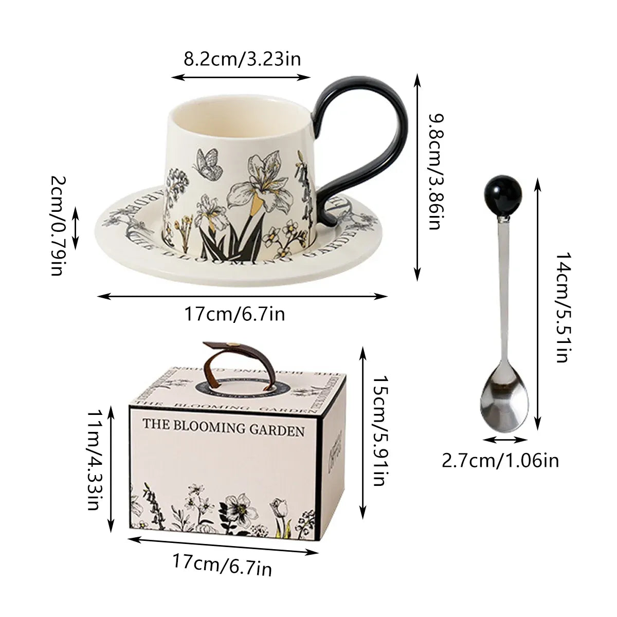Vintage Floral Ceramic Cup, Saucer and Spoon Gift Set, 260 ml