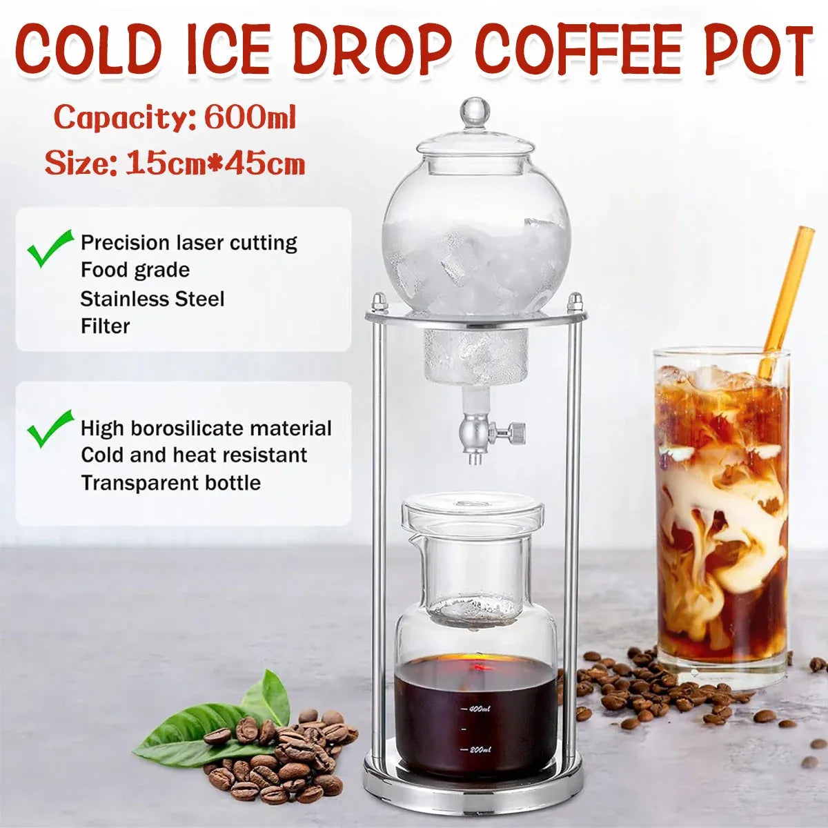 Glass Cold Drip Coffee Maker with Stainless Steel Stand, 600 ml