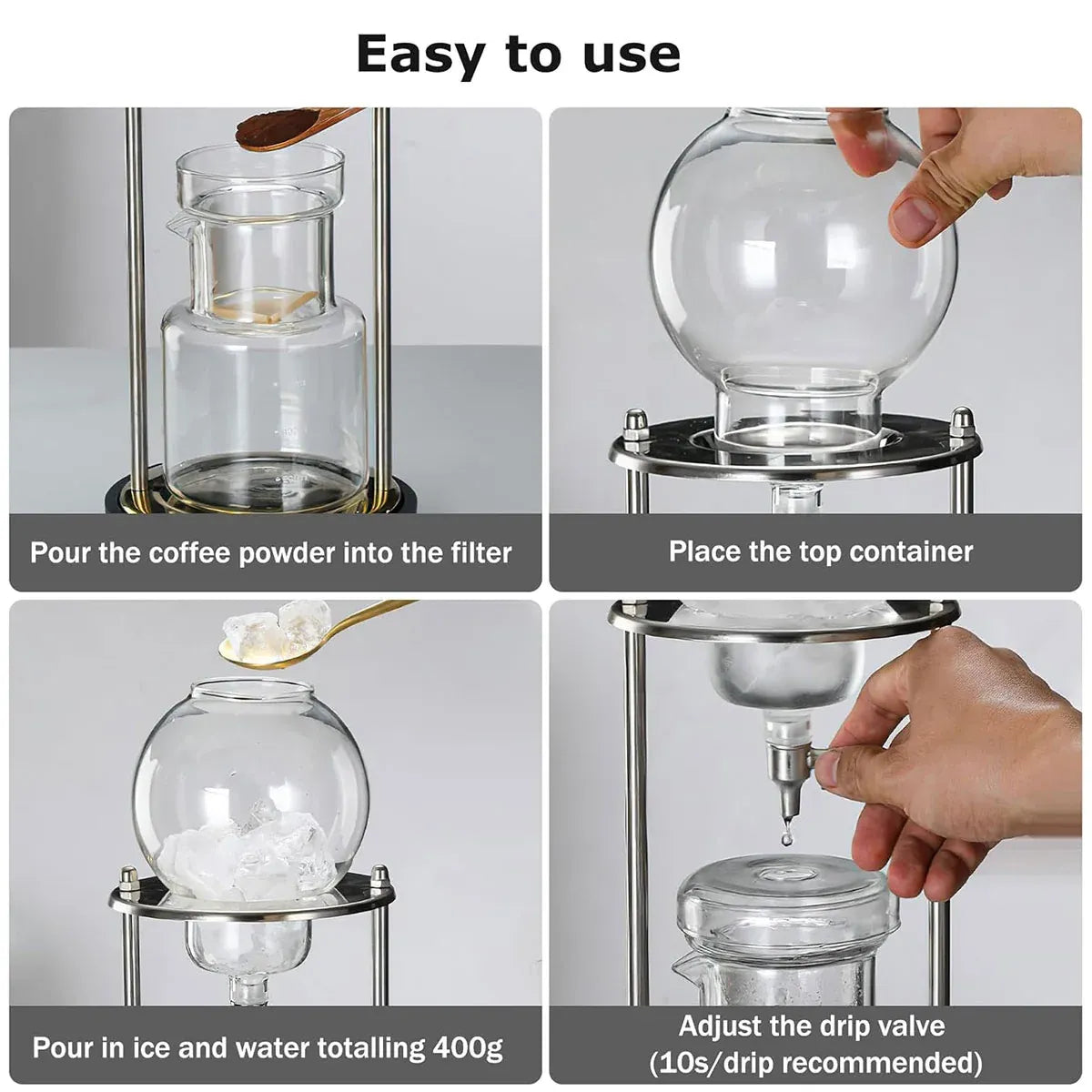 Glass Cold Drip Coffee Maker with Stainless Steel Stand, 600 ml