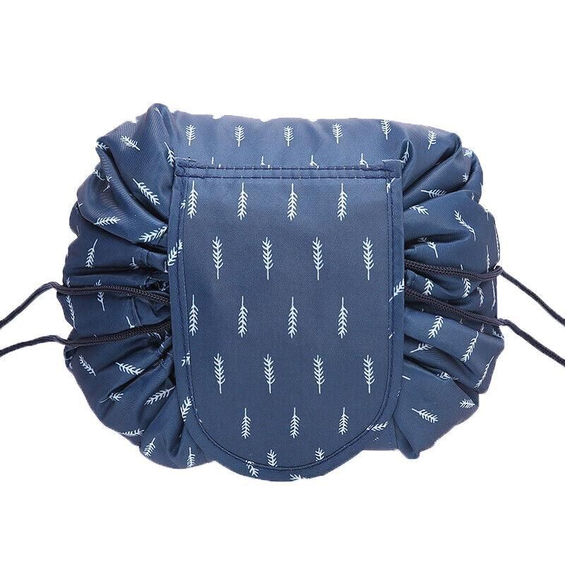 Drawstring Makeup Bag That Opens Flat, 53 x 53 cm, Blue White Feather