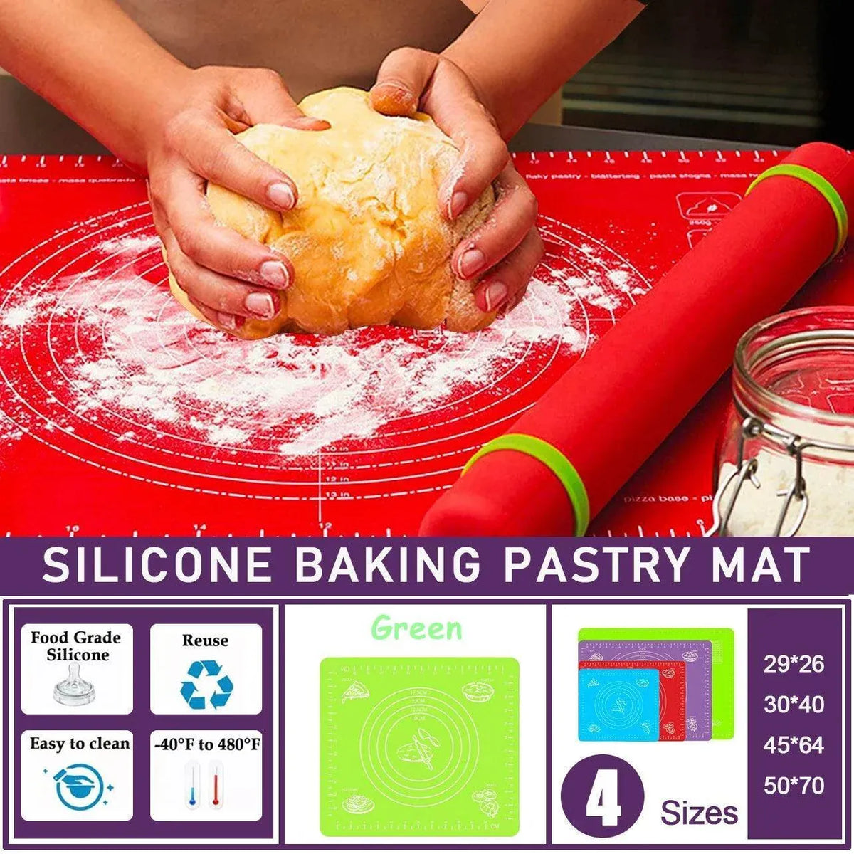 Green Reusable Non-Stick Silicone Rolling Dough Mat Cake Pastry Baking Fondant Sheet
