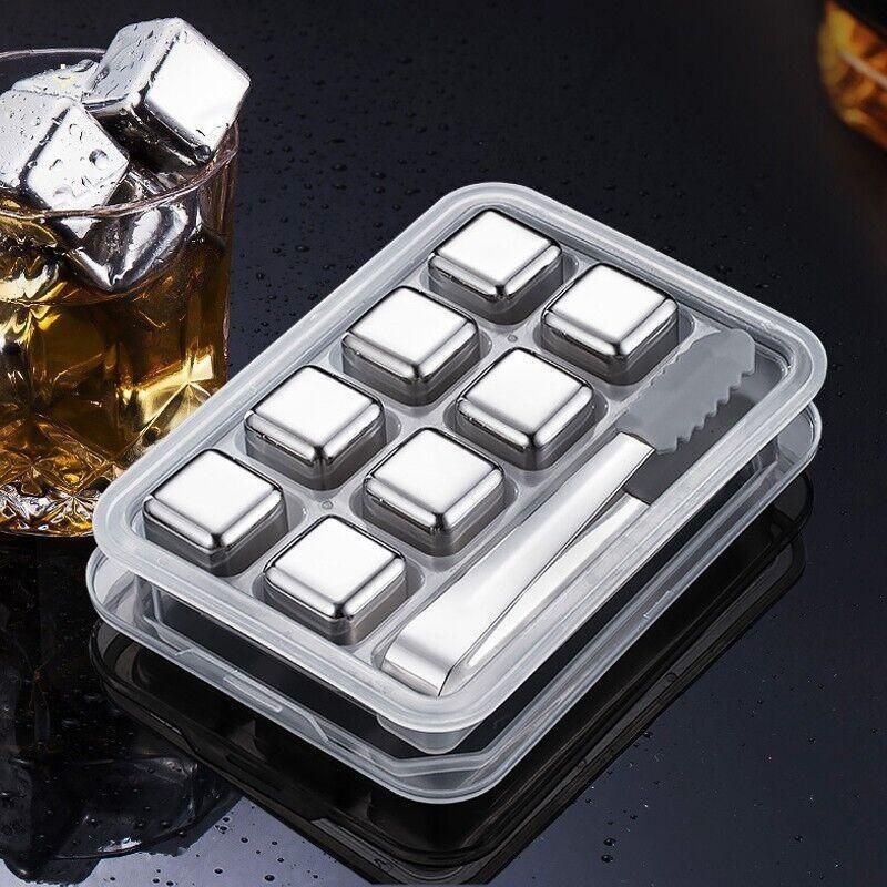 Stainless Steel Whiskey Stones X 8 Ice Cubes With Tong Reusable