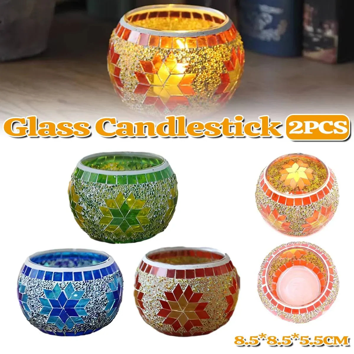 European Style Mosaic Glass Candle Holder Cups, Set of 2