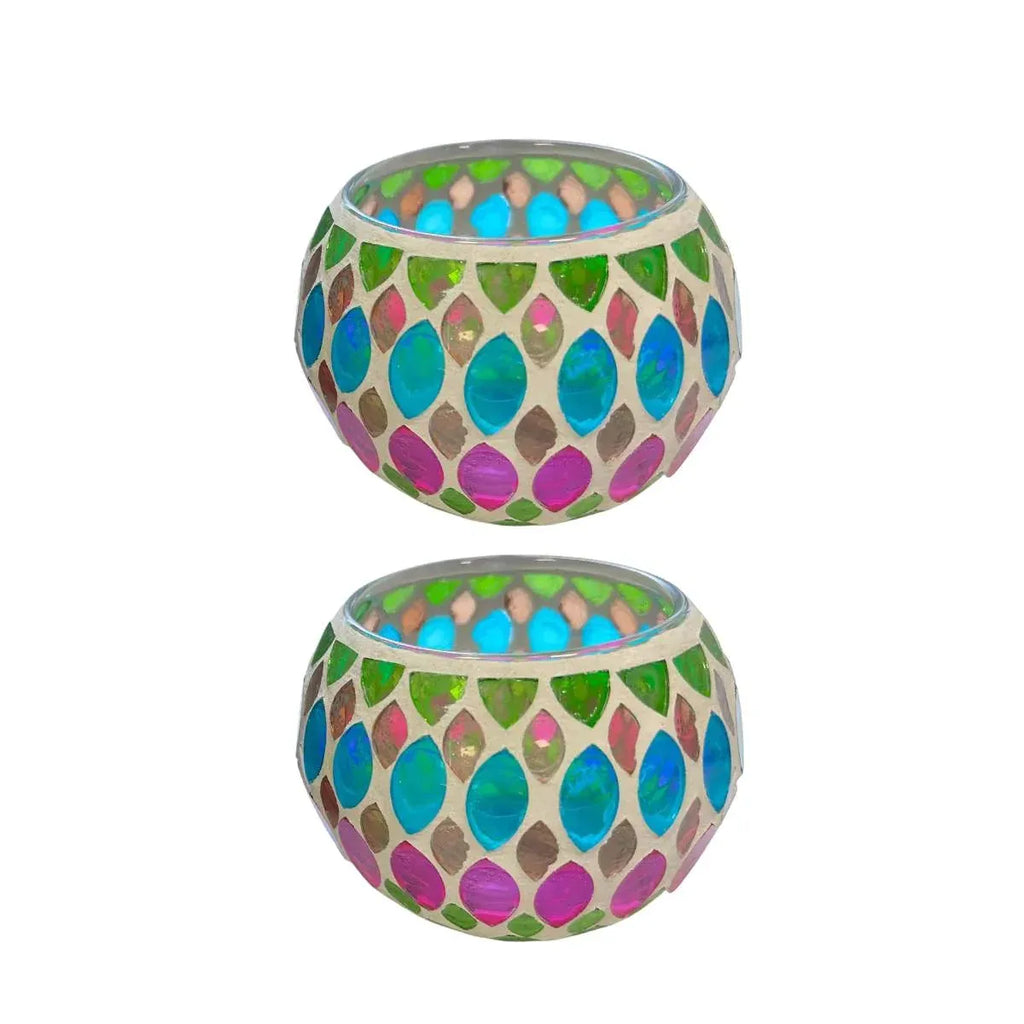 Vintage Mosaic Glass Tealight Holder Cups, Set of 2, 9 cm