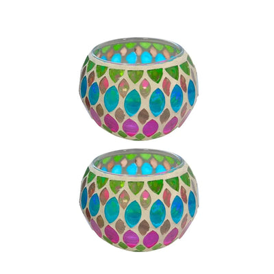 Vintage Mosaic Glass Tealight Holder Cups, Set of 2, 9 cm