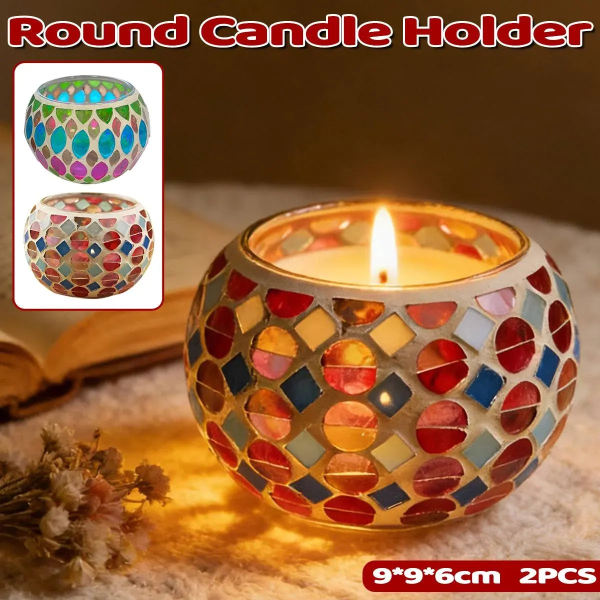 Vintage Mosaic Glass Tealight Holder Cups, Set of 2, 9 cm