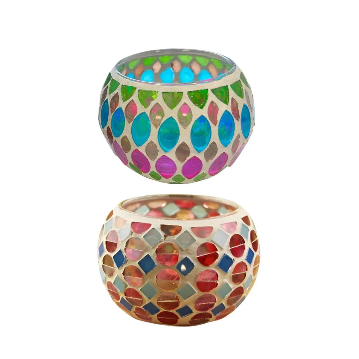 Vintage Mosaic Glass Tealight Holder Cups, Set of 2, 9 cm