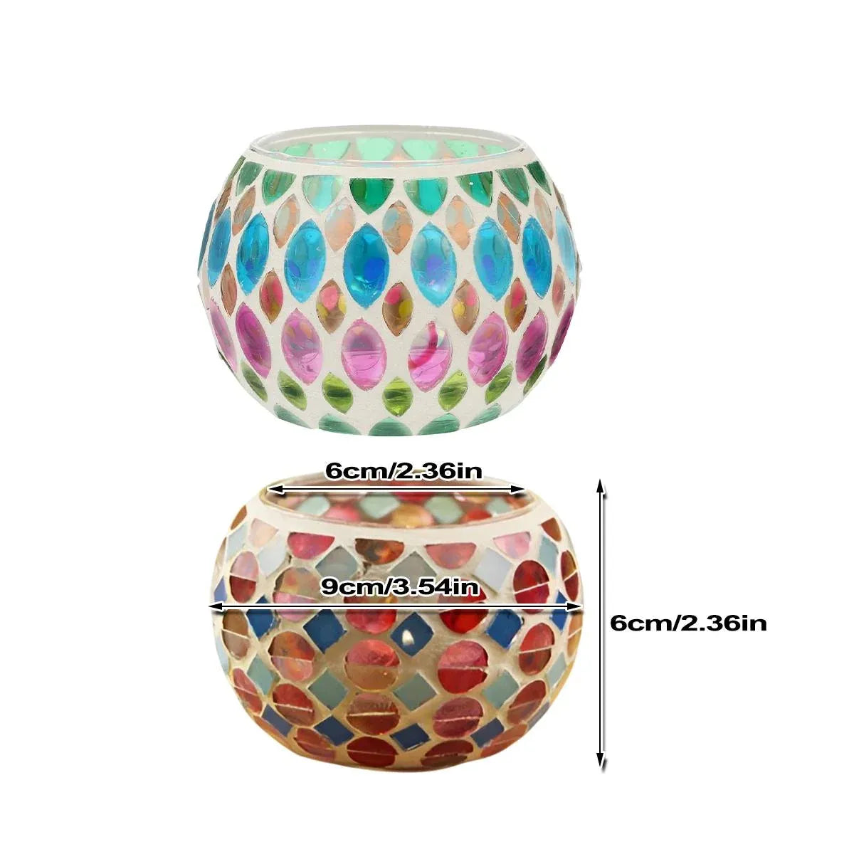 Vintage Mosaic Glass Tealight Holder Cups, Set of 2, 9 cm