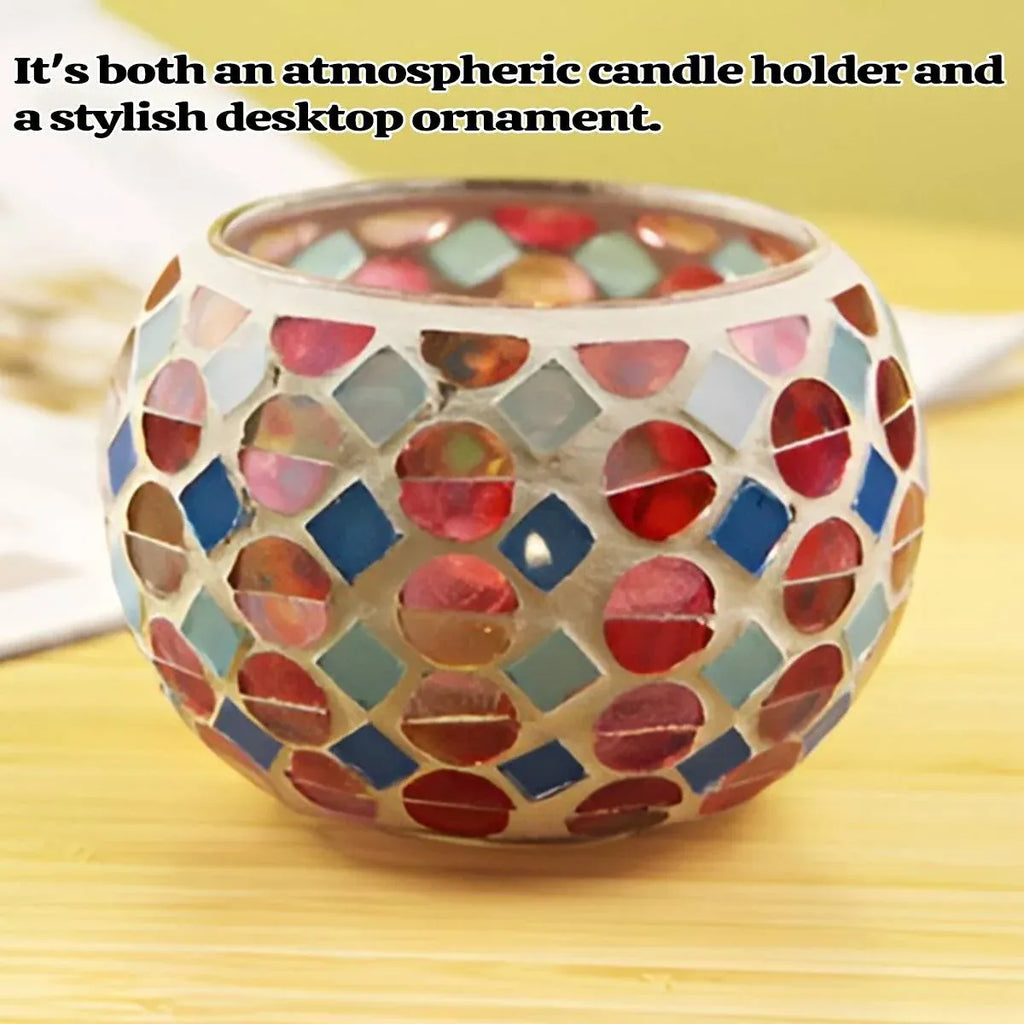 Vintage Mosaic Glass Tealight Holder Cups, Set of 2, 9 cm