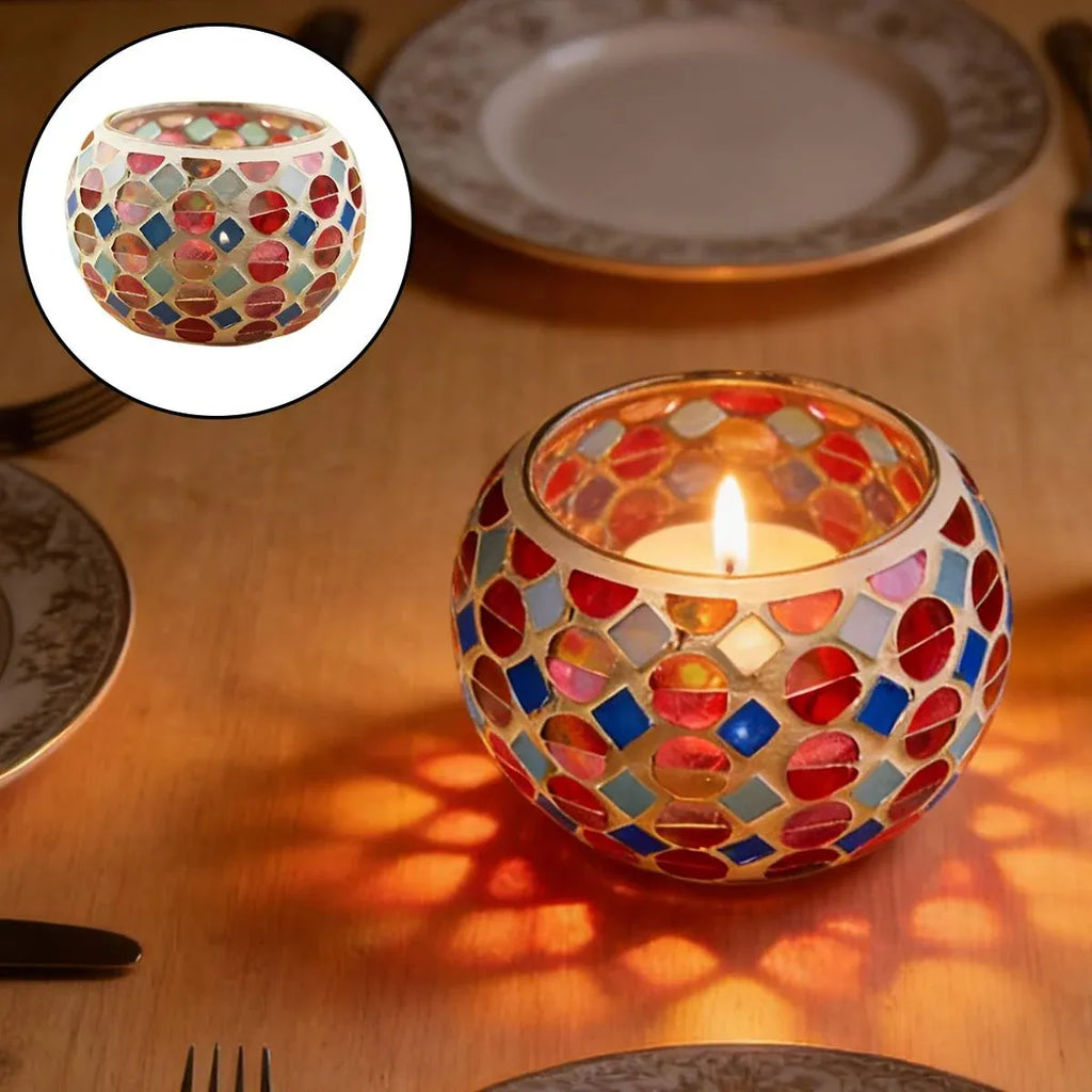 Vintage Mosaic Glass Tealight Holder Cups, Set of 2, 9 cm